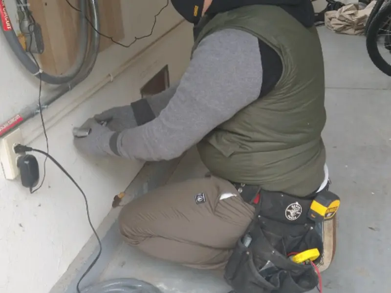 Electrician performing outlet wiring in a Pennfield garage